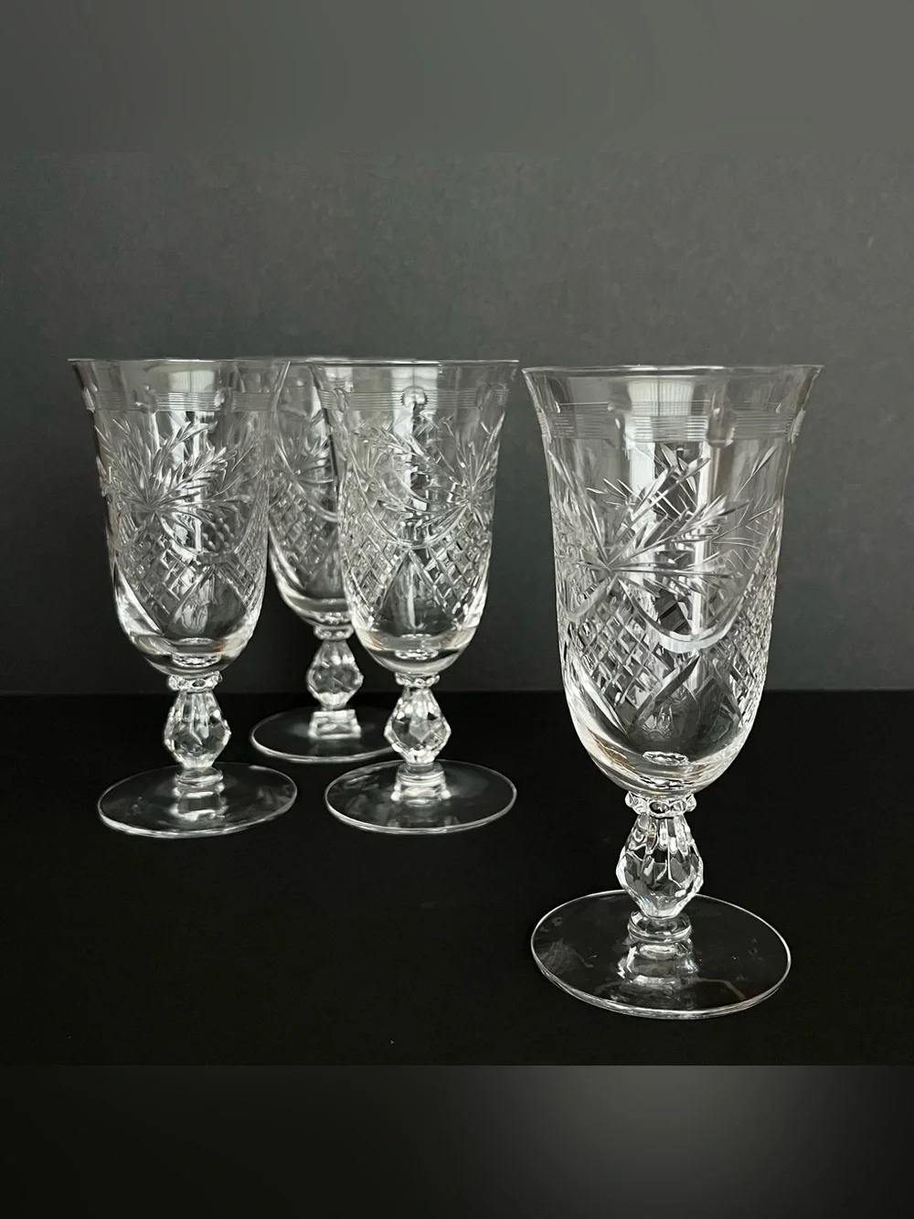 Vintage Crystal Champagne Flutes Goblets Flared Rim Etched Holidays Set of 4